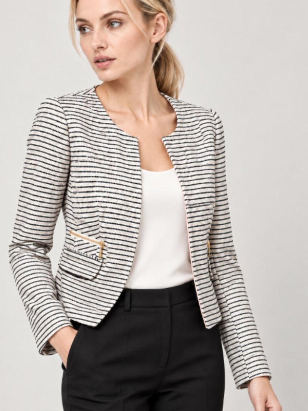 LOFT Textured Striped Cropped Blazer with Gold Zipper Pockets - Size 6 - NWT